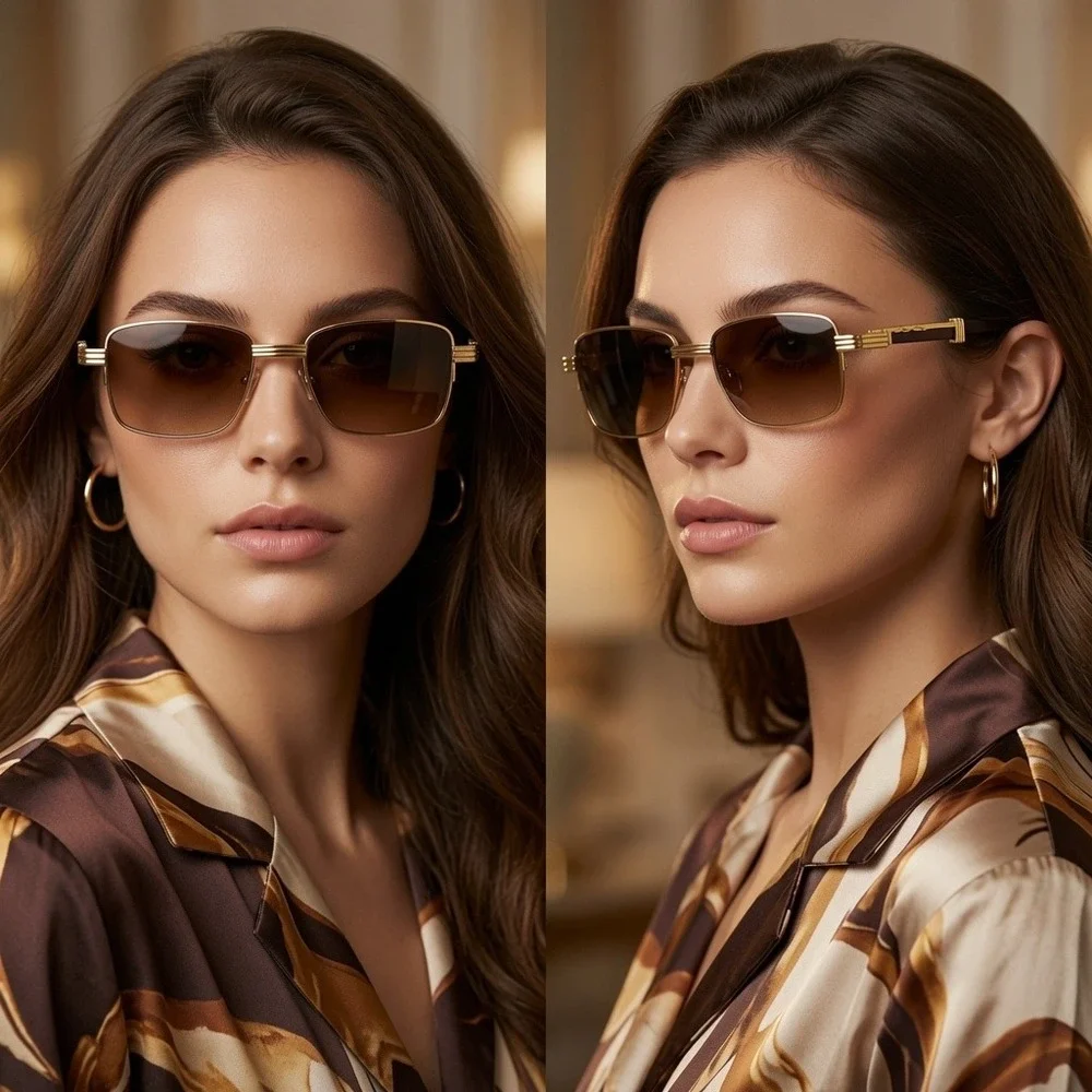 Women semi-rimless sunglasses feature a gold metal frame  brown lenses UV400 New